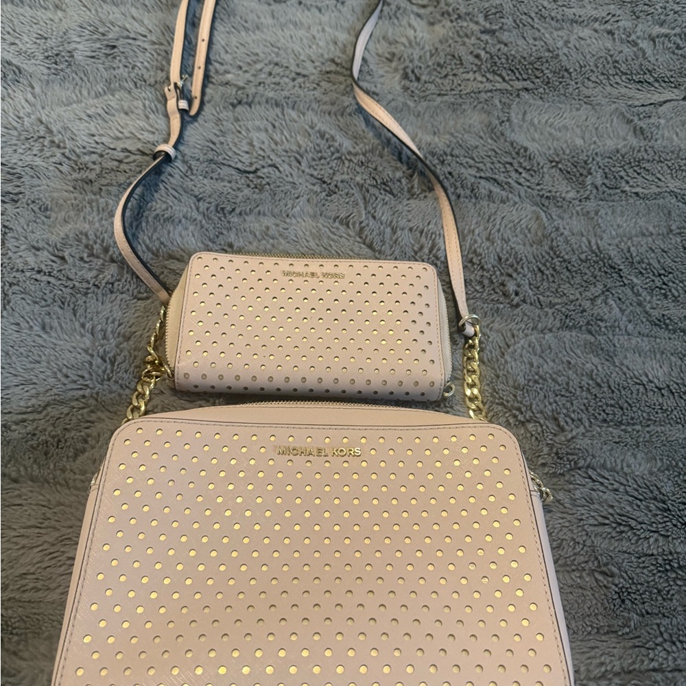 Michael Kors Pale Pink Perforated Crossbody Bag Set with Gold Studs
